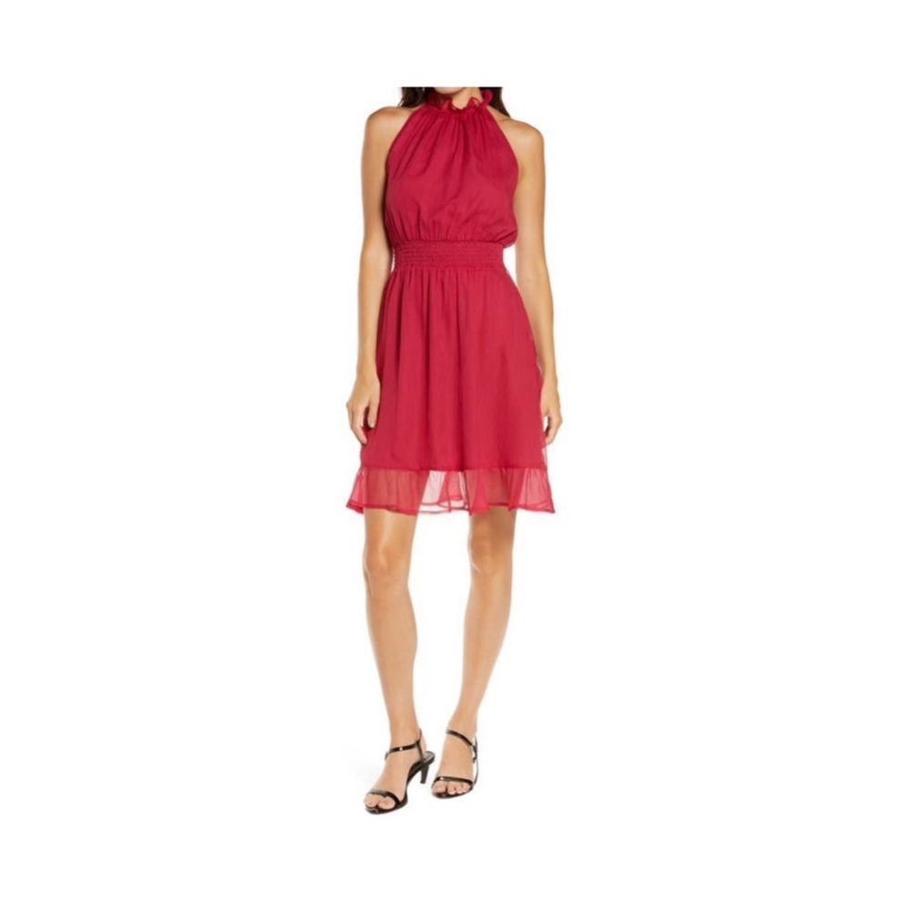 Pink high neck wedding guest mini dress